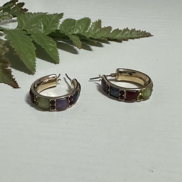 Signed Liz Claiborne Pierced Earrings Enamel Hoops Multicolor Rhinestone 3/4” - Picture 3 of 8